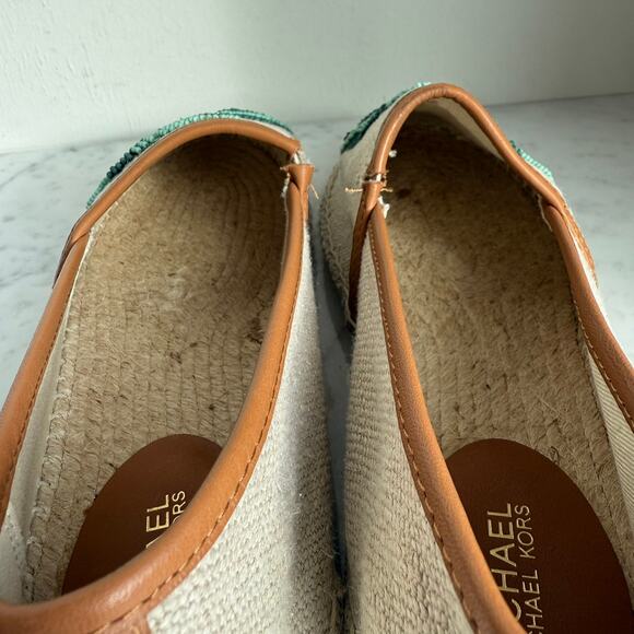 Michael Michael Kors Palm Leaf Sequin Espadrille Flats Beige Green Size 8 - Picture 7 of 11